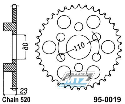 Rozeta ocelov (pevodnk) 0019-37zub MTZ - Aprilia 125 AFI Sport / 93 +125 AFI Sintesi / 88-89 + 125 AFI Super Sport / 88-60 + 125 AFI Futura + 125 AFI Europa