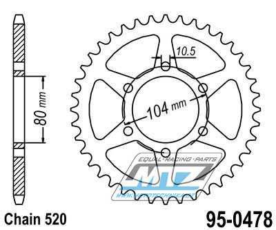 Rozeta ocelov (pevodnk) 0478-45zub MTZ - Kawasaki ZX6R + ZX6RR + Z650 + Z750 + Z750R + ZXR400 + Z800 + EN650 Vulcan-S + EX650 Ninja 650ABS + EX650 Ninja 650SE + KLE650 Versys + KLE650 Versys ABS
