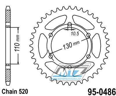 Rozeta ocelov (pevodnk) 0486-45zub MTZ - Kawasaki KR250A + ZR550B Zephyr + GPX250R + GPZ500S + EX300 Ninja + EX400 Ninja + KLE300B Versys-X + Z400D + Suzuki GSX-R600 + GSX-R1000 + Yamaha FZ6 + FZ6 Fazer + YZF R1 + YZF R3 + YZF R6