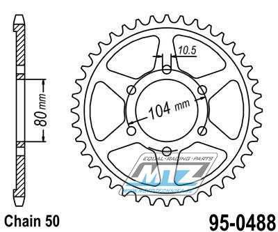 Rozeta ocelov (pevodnk) 0488-41zub MTZ - Kawasaki GPZ550 Unitrack + GPZ400 + KZ550 + KZ650 + KZ750 + KZ1000 + Z550 + Z650 + Z750 + ZR550 + ZR400 + Z650SR + ZXR750 + ZX9R Ninja + ZRX1200 + ZX12R Ninja + ZZR1200 Ninja