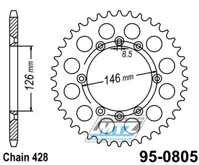 Rozeta ocelov (pevodnk) 0805-52zub MTZ - Suzuki DR125 SM / 08-13 + TSX125 LC (TS125X) / 84-91 + TSR125 (TS125RK) / 89 + TSR125 (TS125R) / 90-96 + RM100 / 79-82