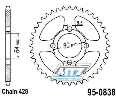 Rozeta ocelov (pevodnk) 0838-43zub MTZ - Yamaha YBR125+YB125 + DT100+F1Z 110 + RD125+RS100+RS125DX+RSX100 + YBA125 Enticer + T105+T110+T115 Crypton R + 135 Crypton X + Suzuki DRZ50+DRZ70 + Kawasaki Z125 + SYM XS125 + Yuki 125