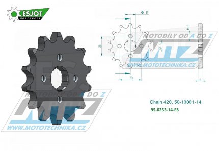 Koleko etzov (pastorek) 0253-14zub ESJOT 50-13001-14 - Honda C50 + CR50 + CR60 + CR80R + CRF110F + CF50 Chaly + MT50S + NSR50S + SS50Z + C70 + ST70 + XL75 + MBX80F + ATC70 + MTX75 + C90 Cub + Daytona 50 Sprinter