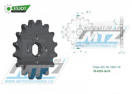 Koleko etzov (pastorek) 0253-16zub ESJOT 50-13001-16 - Honda C50 + CR50 + CR60 + CR80R + CRF110F + CF50 Chaly + MT50S + NSR50S + SS50Z + C70 + ST70 + XL75 + MBX80F + ATC70 + MTX75 + C90 Cub + Daytona 50 Sprinter