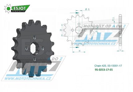 Koleko etzov (pastorek) 0253-17zub ESJOT 50-13001-17 - Honda C50 + CR50 + CR60 + CR80R + CRF110F + CF50 Chaly + MT50S + NSR50S + SS50Z + C70 + ST70 + XL75 + MBX80F + ATC70 + MTX75 + C90 Cub + Daytona 50 Sprinter