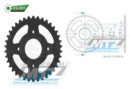 Rozeta ocelov (pevodnk) 13005-38zub ESJOT 50-13005-38 - Honda C50 / 76-80 + C50 / 70-75 + ZB50B Monkey / 92 + ZB50 / 87-88 + XL50 / 77-85 + ST50L Dax / 90 + ST50J,K,L Dax / 87-90 + ST50J,K Dax / 88-89 + ST50G Dax / 74-80 + ST50 / 78 + SS50Z-K1 /
