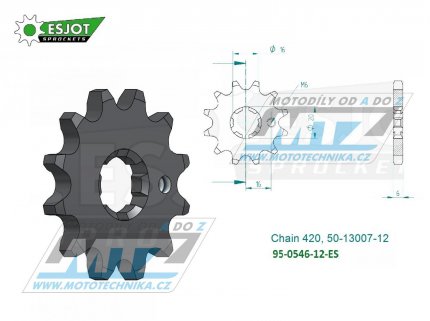 Koleko etzov (pastorek) 0546-12zub ESJOT 50-13007-12 - Kawasaki KX60+KX65+KX80+KX85+KX100 + Suzuki RM60+RM65 + Yamaha TTR50+TTR90+TTR110 + DT50+DT80+DT100 + YZ60+PW80 + RD80+BW80+LB80 + YB100+MX100+RT100