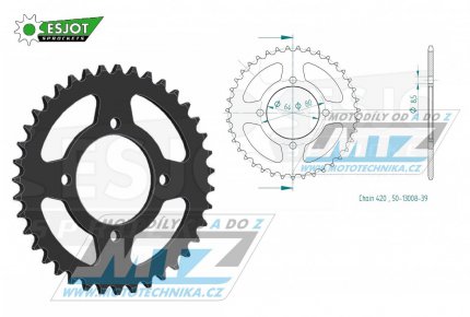 Rozeta ocelov (pevodnk) 0834-39zub ESJOT 50-13008-39 - Yamaha FS1E + FS80SE + PW80 + PW80-Zinger + LB50 Chappy + RD50MX + RD80MX + RT100 + TTR50E + TTR90 + TTR110E + V50 + V70 + V75 + V80 + V90 + YB100