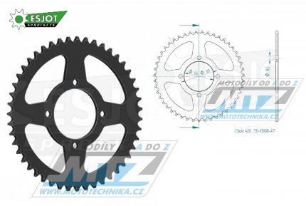 Rozeta ocelov (pevodnk) 0834-47zub ESJOT 50-13008-47 - Yamaha FS1E + FS80SE + PW80 + PW80-Zinger + LB50 Chappy + RD50MX + RD80MX + RT100 + TTR50E + TTR90 + TTR110E + V50 + V70 + V75 + V80 + V90 + YB100