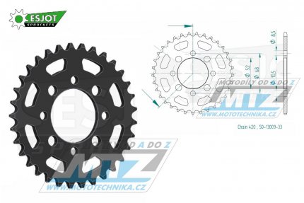 Rozeta ocelov (pevodnk) 0801-33zub ESJOT 50-13009-33 - Suzuki A50+AP50 + DR50+DRZ110 + RM50+RV50+TS50 + FR50+FR70+ALT50+LT50 + Kawasaki AE50+AR50+AE80+AR80 + KLX110 + Z125 Pro + pitbike + nsk tykolky