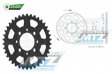 Rozeta ocelov (pevodnk) 0801-38zub ESJOT 50-13009-38 - Suzuki A50+AP50 + DR50+DRZ110 + RM50+RV50+TS50 + FR50+FR70+ALT50+LT50 + Kawasaki AE50+AR50+AE80+AR80 + KLX110 + Z125 Pro + pitbike + nsk tykolky