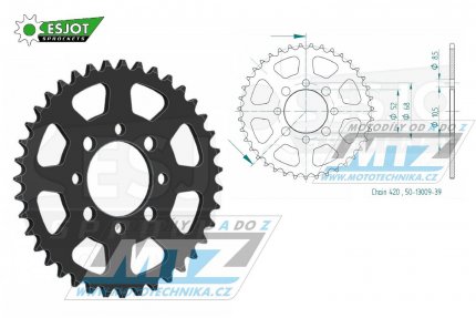 Rozeta ocelov (pevodnk) 0801-39zub ESJOT 50-13009-39 - Suzuki A50+AP50 + DR50+DRZ110 + RM50+RV50+TS50 + FR50+FR70+ALT50+LT50 + Kawasaki AE50+AR50+AE80+AR80 + KLX110 + Z125 Pro + pitbike + nsk tykolky