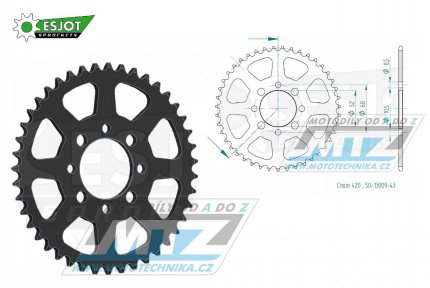 Rozeta ocelov (pevodnk) 0801-43zub ESJOT 50-13009-43 - Suzuki A50+AP50 + DR50+DRZ110 + RM50+RV50+TS50 + FR50+FR70+ALT50+LT50 + Kawasaki AE50+AR50+AE80+AR80 + KLX110 + Z125 Pro + pitbike + nsk tykolky