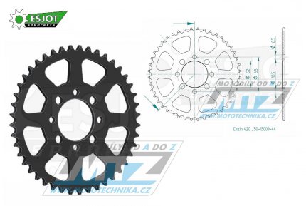 Rozeta ocelov (pevodnk) 0801-44zub ESJOT 50-13009-44 - Suzuki A50+AP50 + DR50+DRZ110 + RM50+RV50+TS50 + FR50+FR70+ALT50+LT50 + Kawasaki AE50+AR50+AE80+AR80 + KLX110 + Z125 Pro + pitbike + nsk tykolky