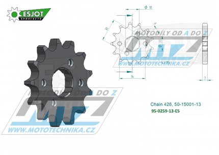 Koleko etzov (pastorek) 0259-13zub ESJOT 50-15001-13 - Honda CB100+CB125+CBX125+CG125+CT125+CT200 + EZ90 Cub+XL100+XL125S+XL185S+SL100+TL125 + Daelim VC125+VJ125+VJF125R+VS125 + VL125 Daystar+VT125 Evolution + Derbi 125 + Yuki 125 + AJP PR3+PR4