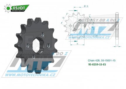 Koleko etzov (pastorek) 0259-15zub ESJOT 50-15001-15 - Honda CB100+CB125+CBX125+CG125+CT125+CT200 + EZ90 Cub+XL100+XL125S+XL185S+SL100+TL125 + Daelim VC125+VJ125+VJF125R+VS125 + VL125 Daystar+VT125 Evolution + Derbi 125 + Yuki 125 + AJP PR3+PR4