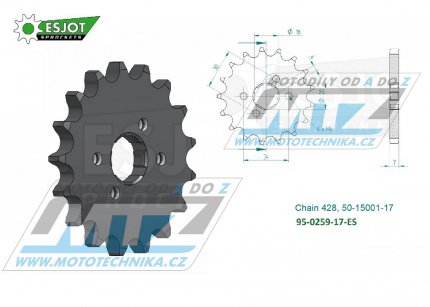 Koleko etzov (pastorek) 0259-17zub ESJOT 50-15001-17 - Honda CB100+CB125+CBX125+CG125+CT125+CT200 + EZ90 Cub+XL100+XL125S+XL185S+SL100+TL125 + Daelim VC125+VJ125+VJF125R+VS125 + VL125 Daystar+VT125 Evolution + Derbi 125 + Yuki 125 + AJP PR3+PR4