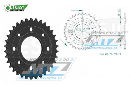 Rozeta ocelov (pevodnk) 0269-34zub ESJOT 50-15001-34 - Honda CG125+CB125+CB175+CBX125 + CM185+CM200+CT125+CT185+CT200+SL125 + XL100+XL125+XL185+XR185 + EZ90Cub + Kymco 125 Pulsar+Spike+Zing+Hipster+Stryker + Daelim VL125+VC125+VS125 + Brixton125