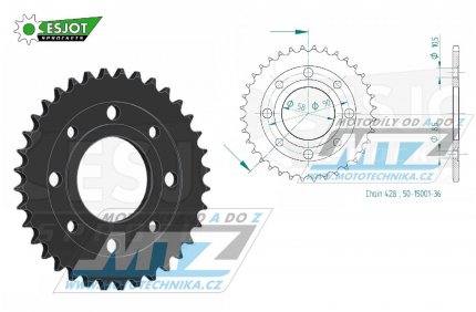 Rozeta ocelov (pevodnk) 0269-36zub ESJOT 50-15001-36 - Honda CG125+CB125+CB175+CBX125 + CM185+CM200+CT125+CT185+CT200+SL125 + XL100+XL125+XL185+XR185 + EZ90Cub + Kymco 125 Pulsar+Spike+Zing+Hipster+Stryker + Daelim VL125+VC125+VS125 + Brixton125