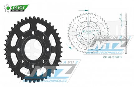 Rozeta ocelov (pevodnk) 0269-43zub ESJOT 50-15001-43 - Honda CG125+CB125+CB175+CBX125 + CM185+CM200+CT125+CT185+CT200+SL125 + XL100+XL125+XL185+XR185 + EZ90Cub + Kymco 125 Pulsar+Spike+Zing+Hipster+Stryker + Daelim VL125+VC125+VS125 + Brixton125