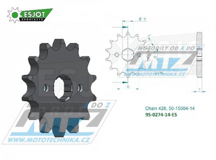 Koleko etzov (pastorek) 0274-14zub ESJOT 50-15004-14 - Honda CRF100F+MTX80R2 + XR100R+XL100S + H100+C100 + 110 Astrea Grand + Kymco 110 Active + 125 Spike + Daytona 125 Sprinter