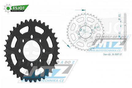 Rozeta ocelov (pevodnk) 0802-37zub ESJOT 50-15007-37 - Suzuki A100 All + DS80 + FL125 + GP100 + GT80 + JR80 + RG80 + RV90 + TSX80 + Kawasaki KC100 + KH100 + KD80 + KE100 + KM100 + Modenas 125 Kriss