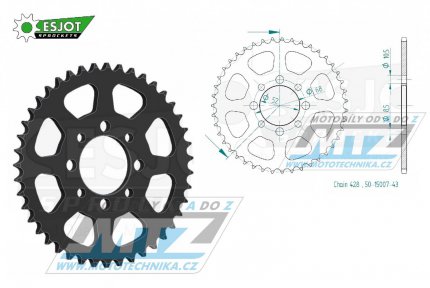 Rozeta ocelov (pevodnk) 0802-43zub ESJOT 50-15007-43 - Suzuki A100 All + DS80 + FL125 + GP100 + GT80 + JR80 + RG80 + RV90 + TSX80 + Kawasaki KC100 + KH100 + KD80 + KE100 + KM100 + Modenas 125 Kriss