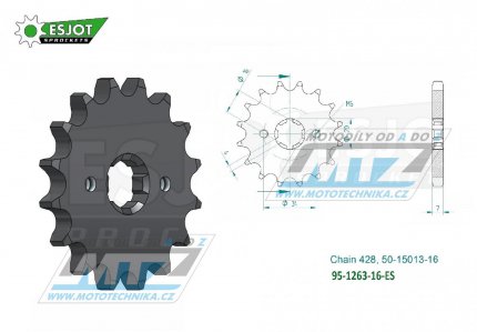 Koleko etzov (pastorek) 1263-16zub ESJOT 50-15013-16 - Yamaha YZ80 + DT100+DT125+DT175 + TZR80+TZR125+SR125 + XT125+XT225+YBR125+AG175+AG200 + Suzuki TF100+TF125+DR125 + Kawasaki KD80+KV175 + Malaguti 125 + Rieju 125 + Honda CT110 + Beta 125+Jin