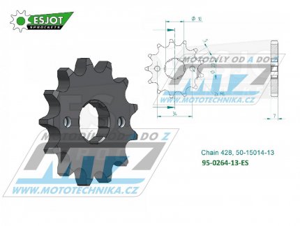 Koleko etzov (pastorek) 0264-13zub ESJOT 50-15014-13 - Honda C90Z + CE90 + CBZ125 + EZ90 Cub + CB175K + XLR250R3 + XLR250 Baja + XLR250R + Kymco 125 Pulsar + 125 STR + Gilera 125 Cougar + Yamaha DT125Z + DT200R + Derbi 125 Senda