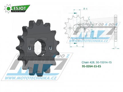 Koleko etzov (pastorek) 0264-15zub ESJOT 50-15014-15 - Honda C90Z + CE90 + CBZ125 + EZ90 Cub + CB175K + XLR250R3 + XLR250 Baja + XLR250R + Kymco 125 Pulsar + 125 STR + Gilera 125 Cougar + Yamaha DT125Z + DT200R + Derbi 125 Senda