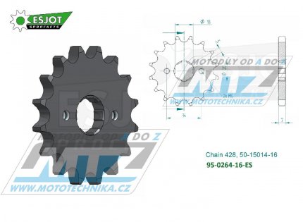 Koleko etzov (pastorek) 0264-16zub ESJOT 50-15014-16 - Honda C90Z + CE90 + CBZ125 + EZ90 Cub + CB175K + XLR250R3 + XLR250 Baja + XLR250R + Kymco 125 Pulsar + 125 STR + Gilera 125 Cougar + Yamaha DT125Z + DT200R + Derbi 125 Senda