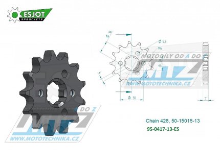 Koleko etzov (pastorek) 0417-13zub ESJOT 50-15015-13 - Kawasaki KMX125+KMX200 + KDX125SR + AR125LC+KE100A + BN125 Eliminator