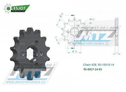 Koleko etzov (pastorek) 0417-14zub ESJOT 50-15015-14 - Kawasaki KMX125+KMX200 + KDX125SR + AR125LC+KE100A + BN125 Eliminator