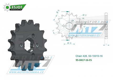 Koleko etzov (pastorek) 0417-16zub ESJOT 50-15015-16 - Kawasaki KMX125+KMX200 + KDX125SR + AR125LC+KE100A + BN125 Eliminator