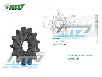 Koleko etzov (pastorek) 0558-13zub ESJOT 50-15019-13S - Yamaha YZ85 + DT125R+DT125RE+DT125X+DT200R + TZR80+TZR125+TDR125 + XVS125 Drag Star+XVS250 Drag Star + Derbi GPR125 + Kawasaki BX125 Ninja+Z125