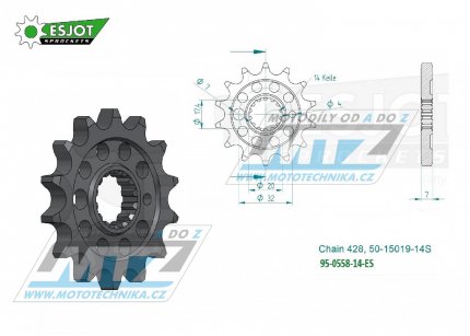 Koleko etzov (pastorek) 0558-14zub ESJOT 50-15019-14S - Yamaha YZ85 + DT125R+DT125RE+DT125X+DT200R + TZR80+TZR125+TDR125 + XVS125 Drag Star+XVS250 Drag Star + Derbi GPR125 + Kawasaki BX125 Ninja+Z125