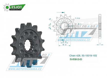 Koleko etzov (pastorek) 0558-15zub ESJOT 50-15019-15S - Yamaha YZ85 + DT125R+DT125RE+DT125X+DT200R + TZR80+TZR125+TDR125 + XVS125 Drag Star+XVS250 Drag Star + Derbi GPR125 + Kawasaki BX125 Ninja+Z125