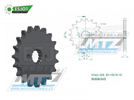 Koleko etzov (pastorek) 0558-19zub ESJOT 50-15019-19 - Yamaha YZ85 + DT125R+DT125RE+DT125X+DT200R + TZR80+TZR125+TDR125 + XVS125 Drag Star+XVS250 Drag Star + Derbi GPR125 + Kawasaki BX125 Ninja+Z125