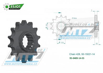 Koleko etzov (pastorek) 0409-14zub ESJOT 50-15021-14 - Kawasaki KLX125A + KLX125L + Suzuki DRZ125 + DRZ125L + DR125S Raider + DR125 + DR125SE