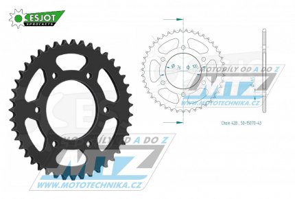 Rozeta ocelov (pevodnk) 1844-43zub ESJOT 50-15070-43 - Yamaha MT125+FZ16+YS125 + YZFR125 + YZF-R125 + XSR125+MTM125+MTN125