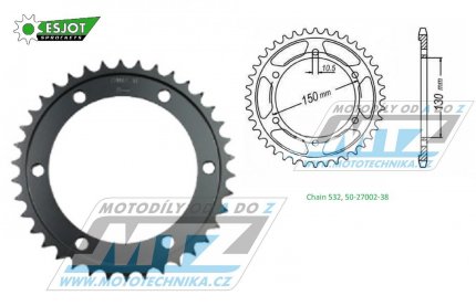 Rozeta ocelov (pevodnk) 0866-38zub ESJOT 50-27002-38 - Yamaha GTS1000A + FZR750 + FZR1000 Genesis + FZR1000R + YZF750SP + YZF750R + YZF 1000R Thunder Ace + XJR1200