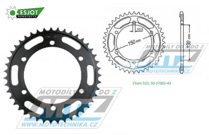 Rozeta ocelov (pevodnk) 0866-43zub ESJOT 50-27002-43 - Yamaha GTS1000A + FZR750 + FZR1000 Genesis + FZR1000R + YZF750SP + YZF750R + YZF 1000R Thunder Ace + XJR1200