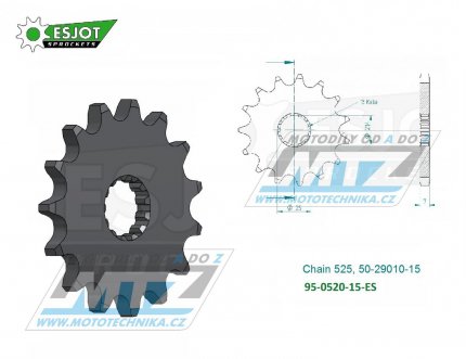 Koleko etzov (pastorek) 0520-15zub ESJOT 50-29010-15 - Suzuki DL650 V-Strom+DL1000 V-Strom+DL1050 V-Strom+GSF650+SV650 + GSXR600+GSXR750+GSXR1000+GSXS1000 + Yamaha TDM850 + Triumph 675+800+900 + Kawasaki W650+ZR750+ZR7 + Cagiva 650 Raptor+1000 R