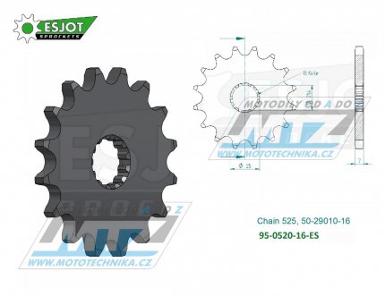 Koleko etzov (pastorek) 0520-16zub ESJOT 50-29010-16 - Suzuki DL650 V-Strom+DL1000 V-Strom+DL1050 V-Strom+GSF650+SV650 + GSXR600+GSXR750+GSXR1000+GSXS1000 + Yamaha TDM850 + Triumph 675+800+900 + Kawasaki W650+ZR750+ZR7 + Cagiva 650 Raptor+1000 R