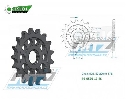 Koleko etzov (pastorek) 0520-17zub ESJOT 50-29010-17S - Suzuki DL650 V-Strom+DL1000 V-Strom+DL1050 V-Strom+GSF650+SV650 + GSXR600+GSXR750+GSXR1000+GSXS1000 + Yamaha TDM850 + Triumph 675+800+900 + Kawasaki W650+ZR750+ZR7 + Cagiva 650 Raptor+1000