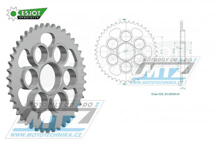 Rozeta ocelov (pevodnk) 29039-43zub ESJOT 50-29039-43 - Ducati 1098R / 07-09 + 1098S / 07-10 + 1098 Streetfighter S & USA / 09-13 + 1198R Corse SE / 10-12 +1200 Diavel (ABS) / 11-18 + 1260 Diavel ABS (All, Lamborghini etc.) / 18-21