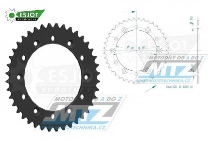 Rozeta ocelov (pevodnk) 0251-40zub ESJOT 50-32001-40 (ern) - Yamaha YZ125+YZ250 +YZF250+YZF400+YZF426+YZF450+YZF450X / 16-20 + TT-R230 / 05-20+WRF250N / 99-01+WRF250 / 07-20+WRF400 / 99-01+WRF426 / 01-02+WRF450 / 03-20