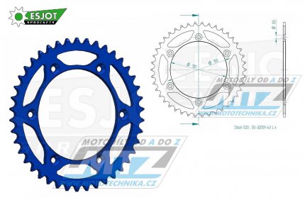 Rozeta ocelov (pevodnk) 0251-43zub ESJOT ULTRALIGHT 50-32001-43-LB Offroad (modr) -Yamaha YZ125+YZ250+YZF250+YZF400+YZF426+YZF450+YZF450X / 16-20 + TT-R230 / 05-20+WRF250N / 99-01+WRF250 / 07-20+WRF400 / 99-01+WRF426 / 01-02+WRF450 / 03-20