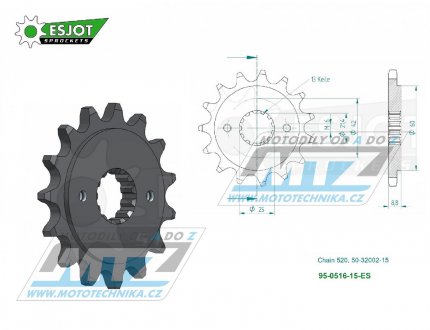 Koleko etzov (pastorek) 0516-15zub ESJOT 50-32002-15 - Kawasaki EL250 Chopper + EL250 + GPZ250R + GPX250R + KLX250S + ZZR250 + BR250 + KL250 + KR250 + KLX300 + KLR500 + KLR600 + KLR650 + Suzuki GS500