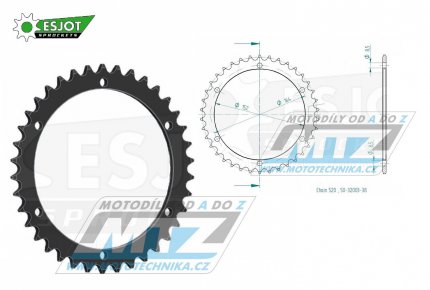 Rozeta ocelov (pevodnk) 0853-38zub ESJOT 50-32003-38 - Yamaha YZ100+YZ125+YZ250+YZ465 +YZ490+DT200R+DT250MX+DT400MX+IT175+IT200+IT250+IT400+IT465+IT490+TT350 +WR250+WR500 + Kreidler 170 Mustang Utility